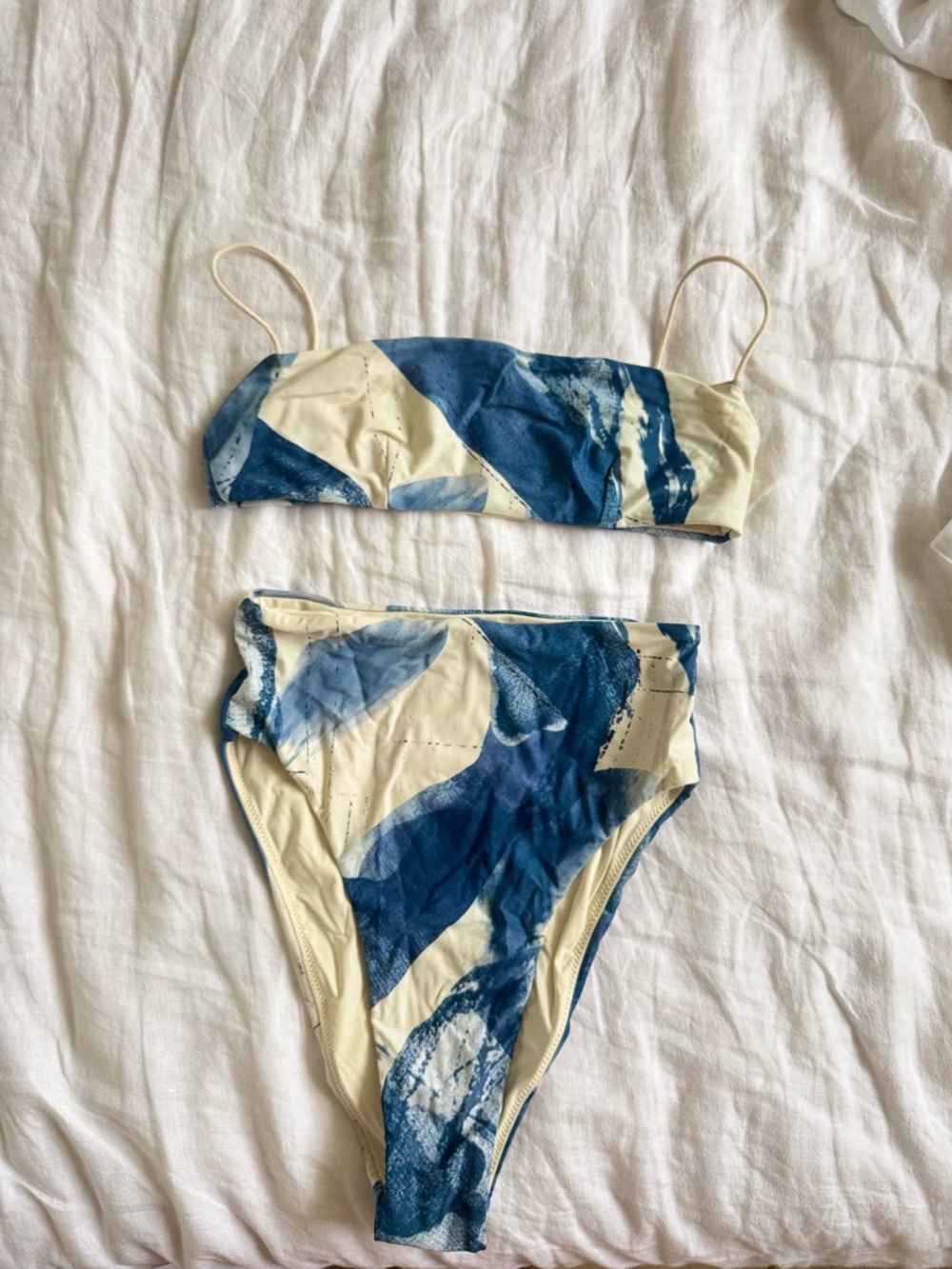 High-Waist Bandeau Bikini Set in Blue and Cream